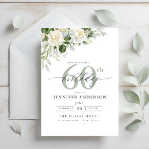Elegant Gray Green Floral 60th Birthday Invitation