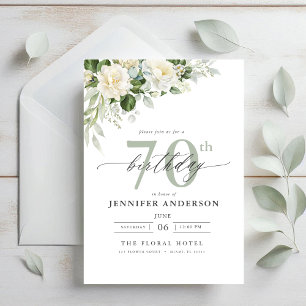 Elegant Gray Green Floral 70th Birthday Invitation
