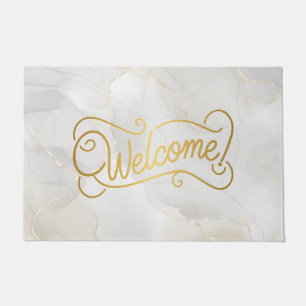 Elegant Gray Marble and Gold Script Welcome Doormat