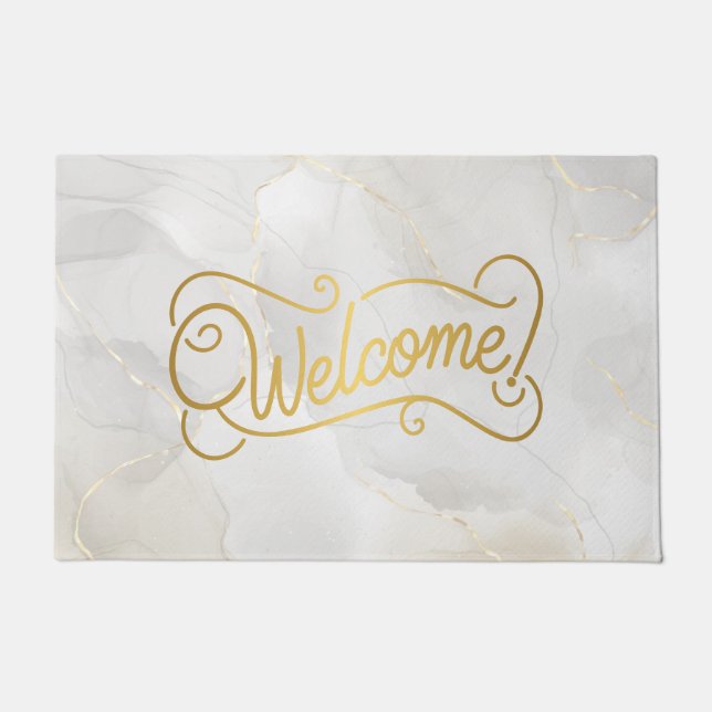 Elegant Gray Marble and Gold Script Welcome Doormat (Front)