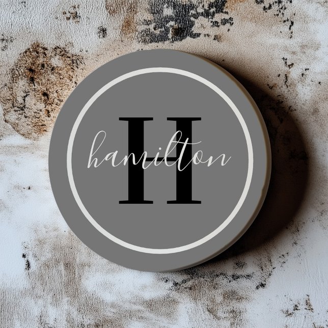 Elegant Gray Round Monogram Script Name Coaster (Creator Uploaded)