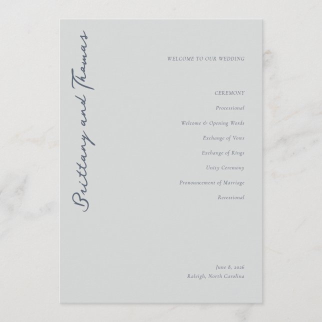 Elegant Gray Wedding Ceremony Program (Front)