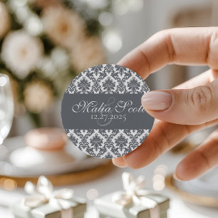 Elegant Gray White Damask Wedding Favor Classic Round Sticker