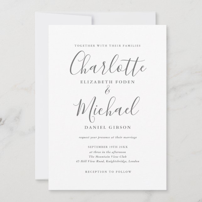 Elegant Gray White Signature Wedding Invitation (Front)