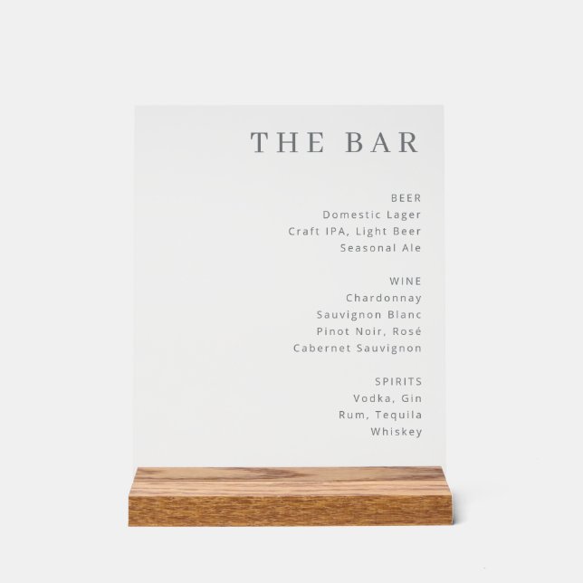 Elegant Grayscale Serif Bar Menu Acrylic Sign (Front)