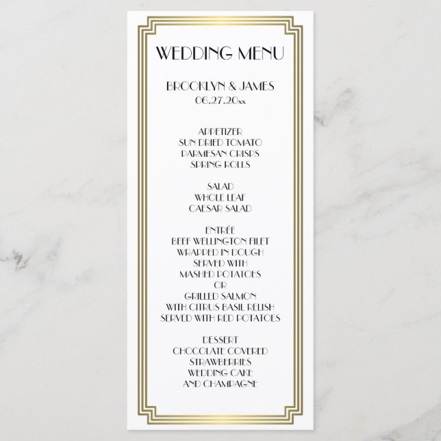 Elegant Great Gatsby Art Deco Wedding Menu (Front)