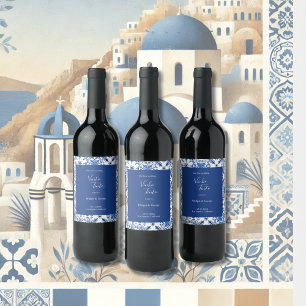 Elegant Greek Blue and White Wedding Wine Label