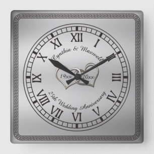 Elegant Greek Key 25th Wedding Anniversary Square Wall Clock