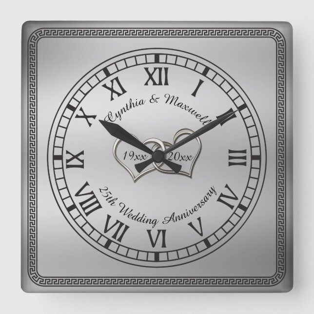 Elegant Greek Key 25th Wedding Anniversary Square Wall Clock (Front)