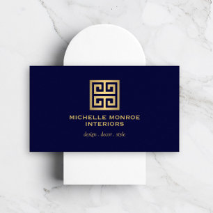 Elegant Greek Key Designer Logo Gold/Dark Blue Business Card