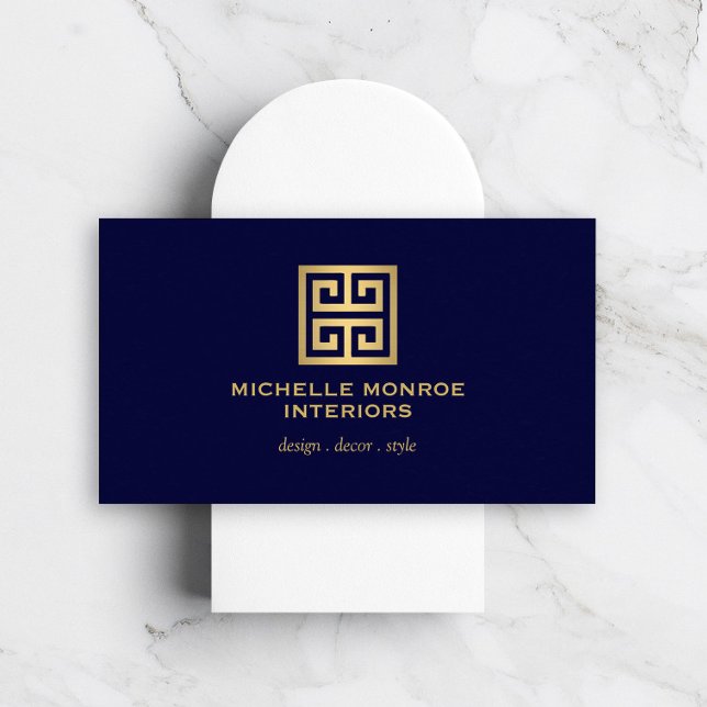 Elegant Greek Key Designer Logo Gold/Dark Blue Business Card (Creator Uploaded)