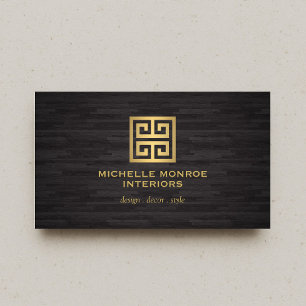 Elegant Greek Key Designer Logo Gold/Woodgrain Business Card