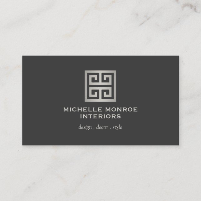 Elegant Greek Key Designer Logo Silver/Charcoal Business Card (Front)