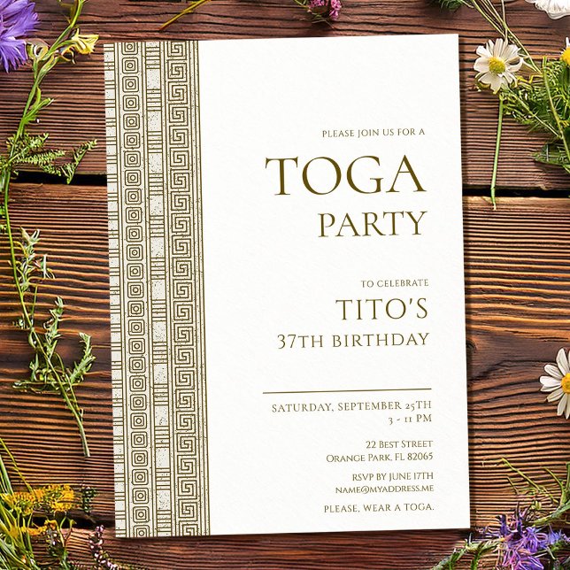 Elegant Greek or Roman toga birthday party Invitation (Creator Uploaded)
