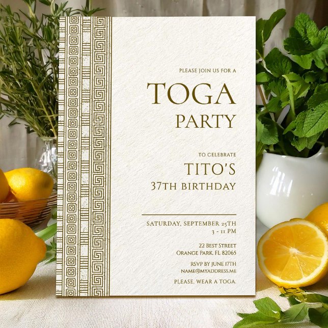 Elegant Greek or Roman toga birthday party Invitation (Creator Uploaded)
