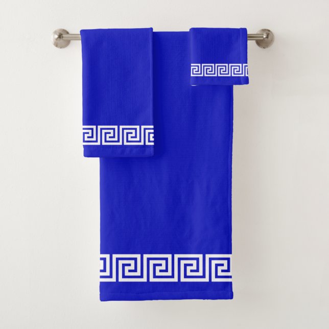 Elegant Greek Pattern Frame on Royal Blue Bath Towel Set (Insitu)