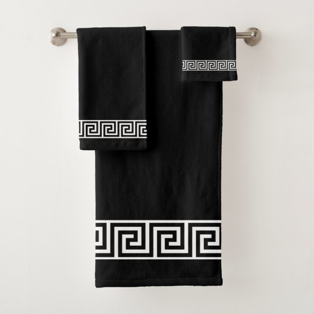 Elegant Greek Pattern on Black Bath Towel Set (Insitu)