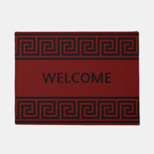 Elegant Greek Pattern on Burgundy Welcome Doormat