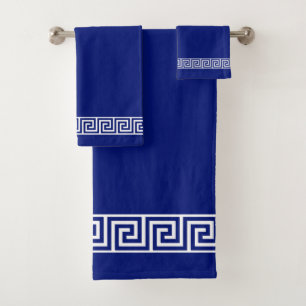 Elegant Greek Pattern on Navy Blue & White Bath Towel Set