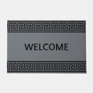 Elegant Greek Pattern on Steel Grey Welcome Doormat