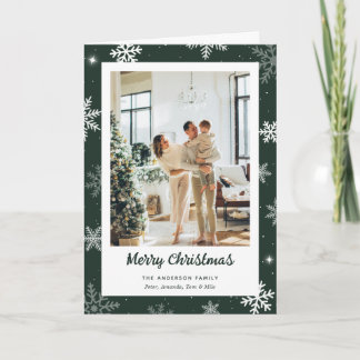 Elegant Green 2 Photo Snowflake Christmas Card