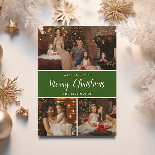 Elegant Green 5 photo collage Merry Christmas  Holiday Card