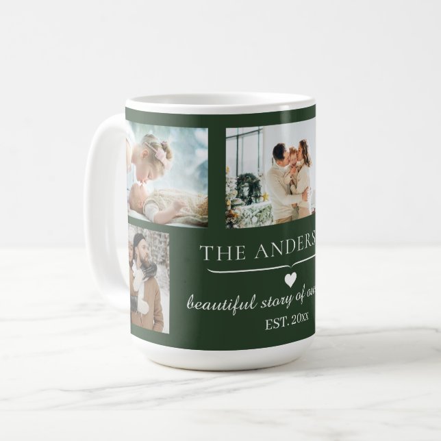 Elegant Green 5-Photo Family Collage Coffee Mug (Front Left)