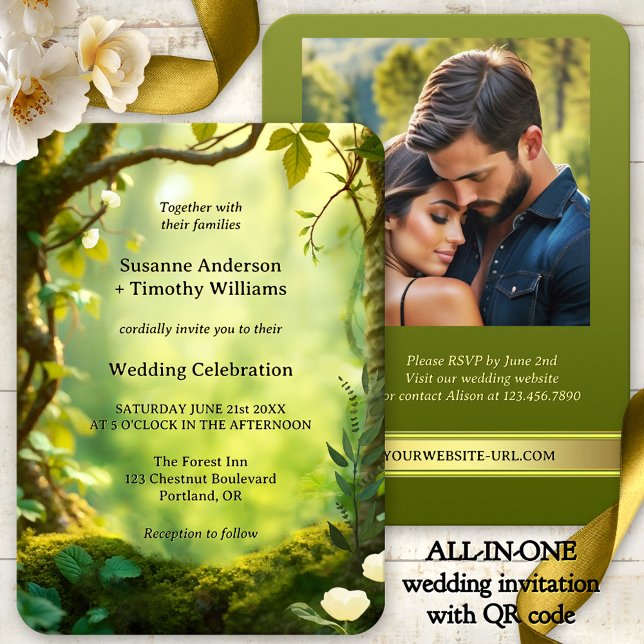 Elegant Green All in One Forest Wedding Invitation (Elegant green and gold all-in-one wedding invitation showing a dreamy forest - with photo + QR code)