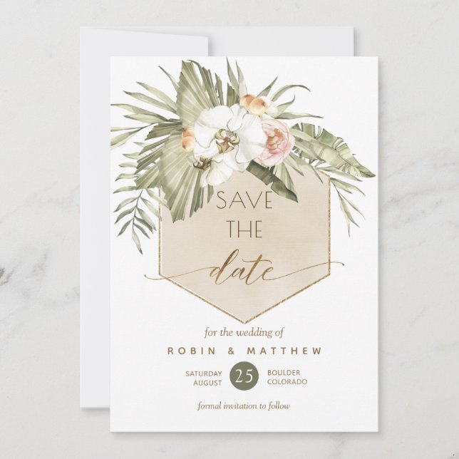 Elegant Green and Beige Palm Leaves Floral Save The Date (Front)