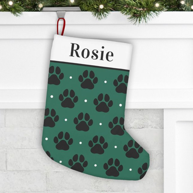 Elegant Green and Black Paw Print Pet Name Small Christmas Stocking (Creator Uploaded)