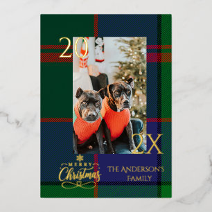 Elegant Green and blue Buffalo Plaid Christmas Foil Holiday Card