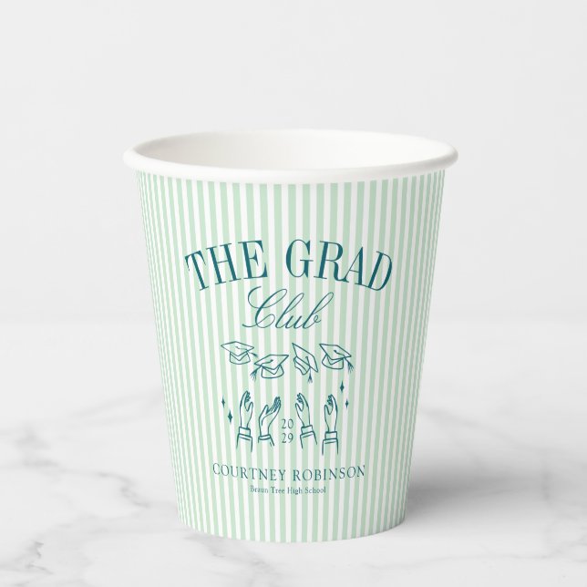 Elegant Green and Blue Grad Club Graduation Paper Cups (Front)