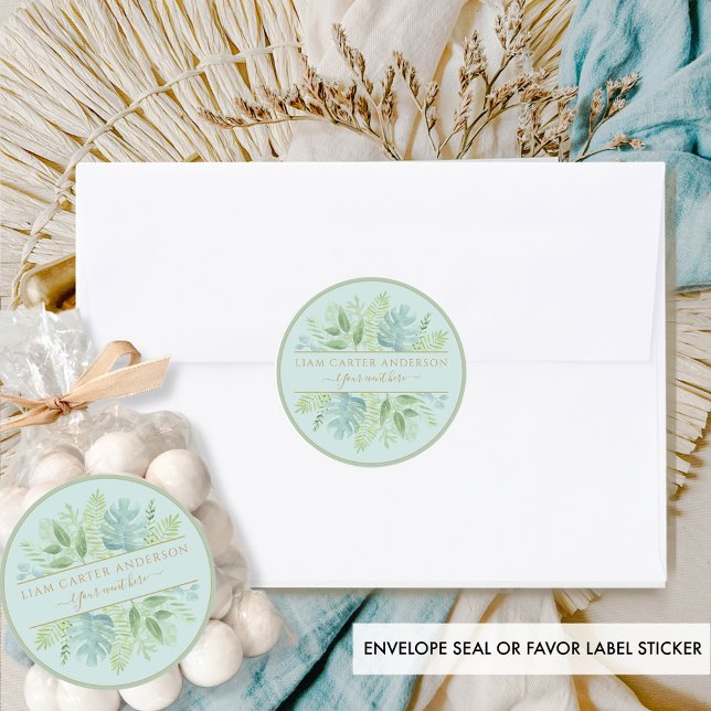 Elegant Green and Blue Watercolor Greenery Classic Round Sticker (Creator Uploaded)