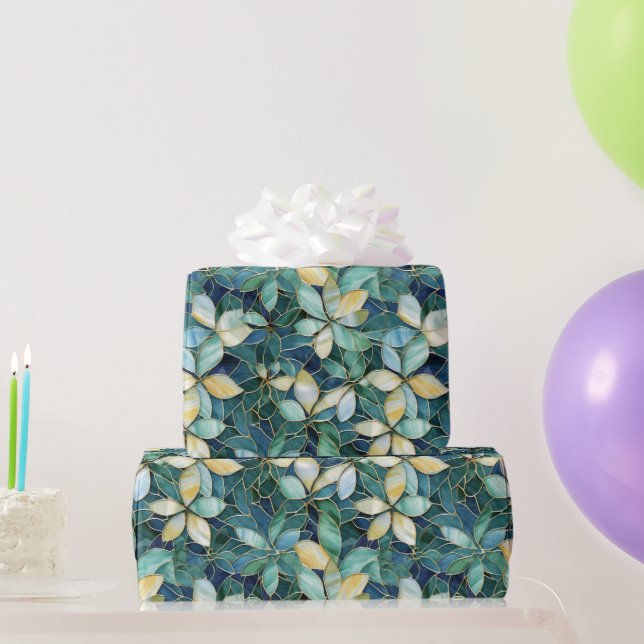 Elegant Green and Cream Flowers Mosaic Pattern Wrapping Paper (Party Gifts)