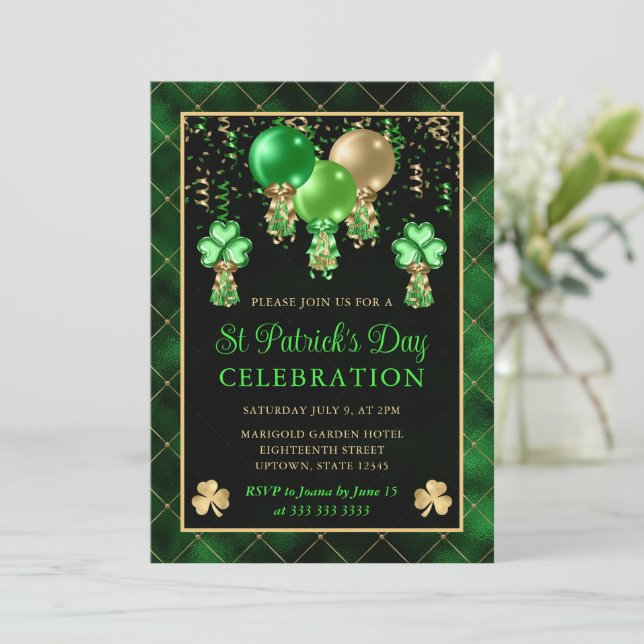 Elegant Green and Gold Balloons St Patrick's Day Invitation (Standing Front)