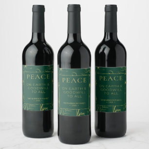 Elegant Green and Gold Botanical Peace Holiday Wine Label