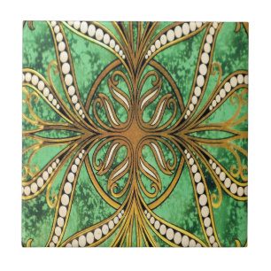 Elegant Green and Gold Damask Pattern Ceramic Tile