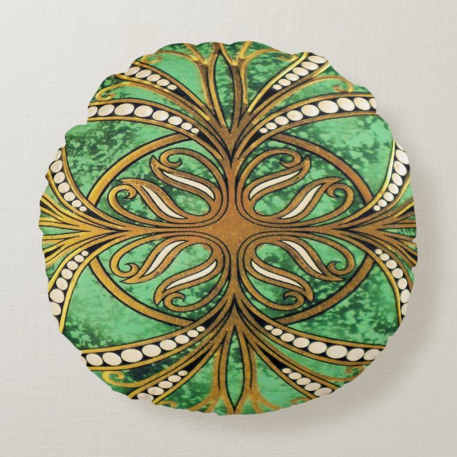 Elegant Green and Gold Damask Pattern Round Cushion (Front)