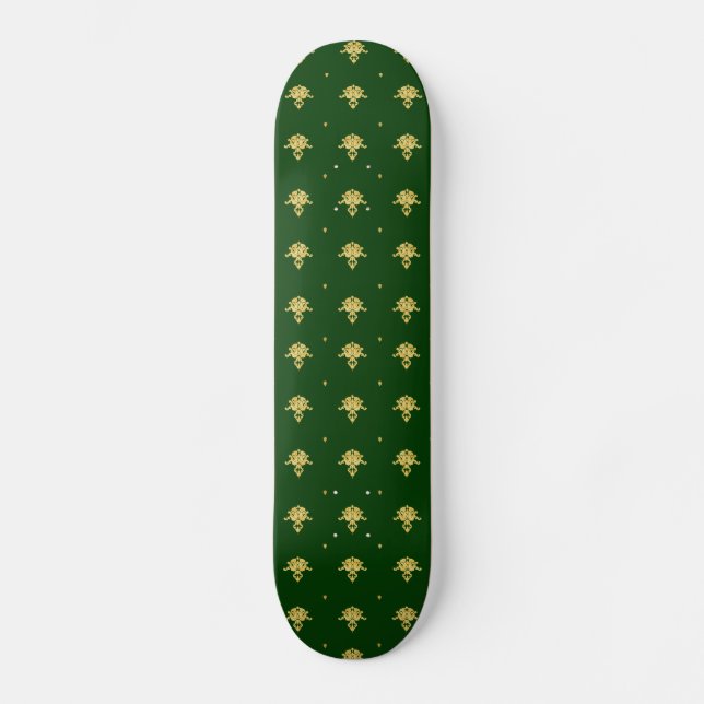 Elegant Green and Gold Damask Skateboard (Front)