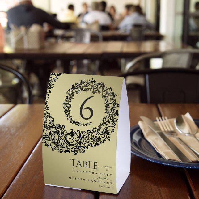 Elegant Green and Gold Damask Wedding Table Number (Insitu(Restaurant))