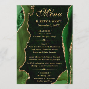 Elegant Green and Gold Faux Glitter Agate Wedding Menu