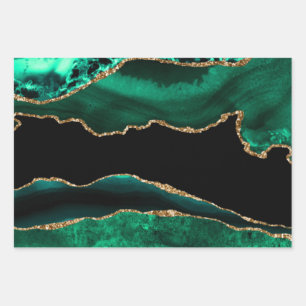 Elegant Green and Gold Faux Glitter Agate Wrapping Paper Sheet