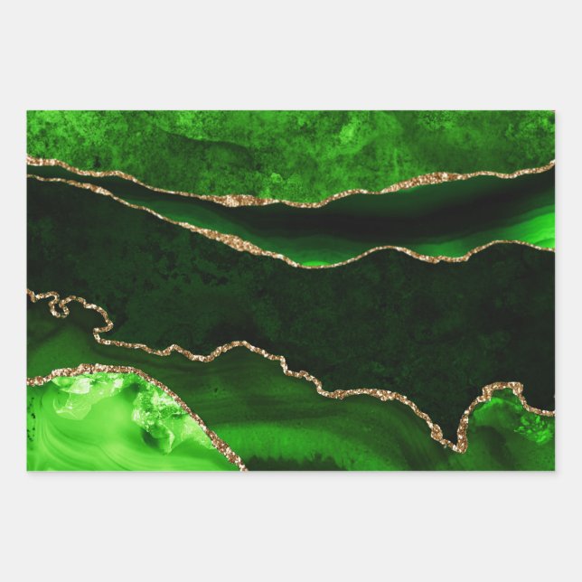 Elegant Green and Gold Faux Glitter Agate Wrapping Paper Sheet (Front)