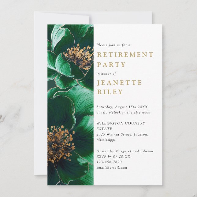 Elegant Green And Gold Floral Retirement Party Invitation (Front)