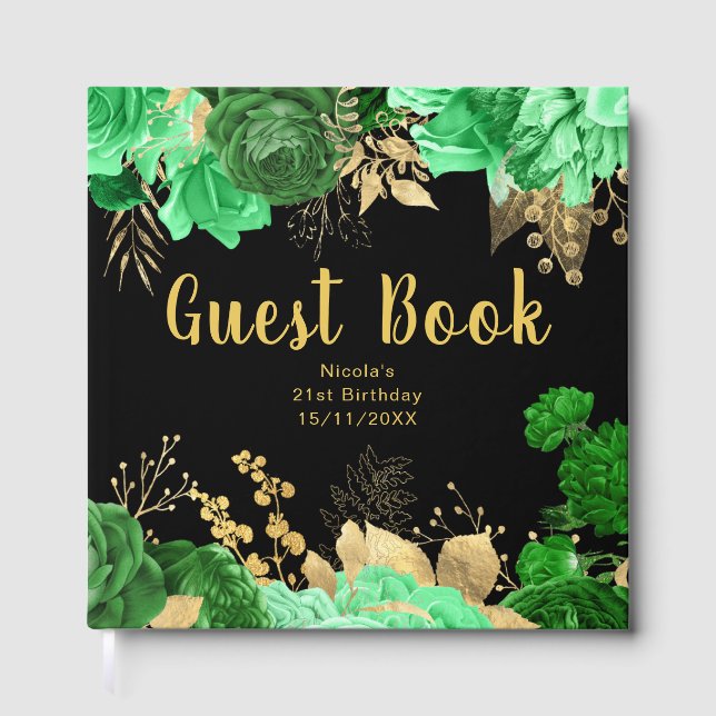 Elegant Green and Gold Flowers Birthday Party Guest Book (Front)