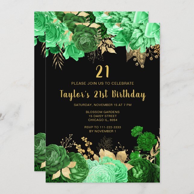 Elegant Green and Gold Flowers Birthday Party Invitation (Front/Back)