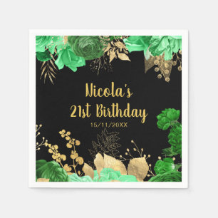 Elegant Green and Gold Flowers Birthday Party Napkin