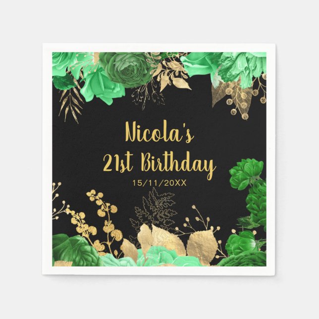 Elegant Green and Gold Flowers Birthday Party Napkin (Front)