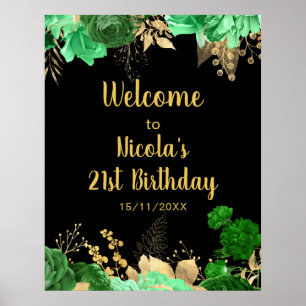 Elegant Green and Gold Flowers Birthday Party Poster