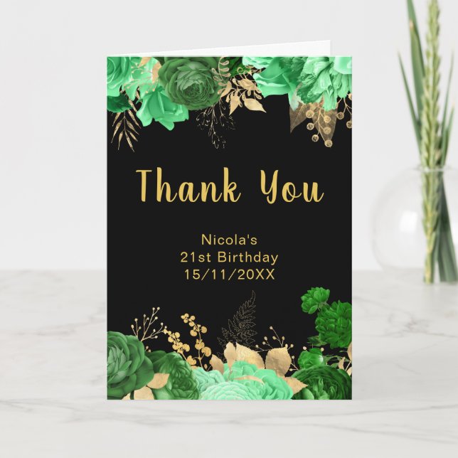 Elegant Green and Gold Flowers Birthday Party Thank You Card (Front)